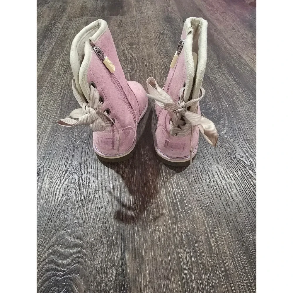 UGG Australia Girls Pink Suede Ribbon Bow Side Zip Boots Mid Calf Kids